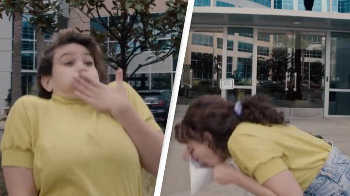 Woman pukes outside insurance office after being denied treatment for persistent vomiting