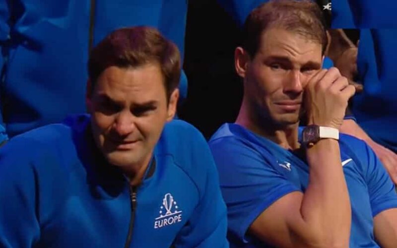 Rafael Nadal cries over Roger Federer's retirement.
