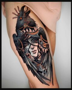 Warrior-Inspired Raven Tattoo on Leg