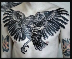 Colorful Raven Tattoo Over Chest