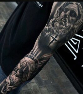 Full Arms Religious Tattoo Design