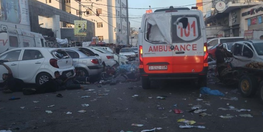 Al-Shifa Hospital in Gaza is struck by an Israeli armored shell. Al-Shifa Hospital in Gaza is struck by an Israeli armored shell.